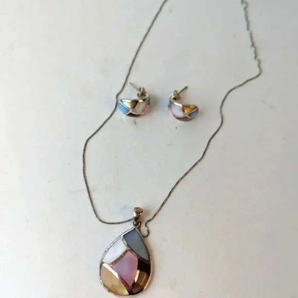 Vintage Inlaid Neckline and Earrings - Picture 1 of 5